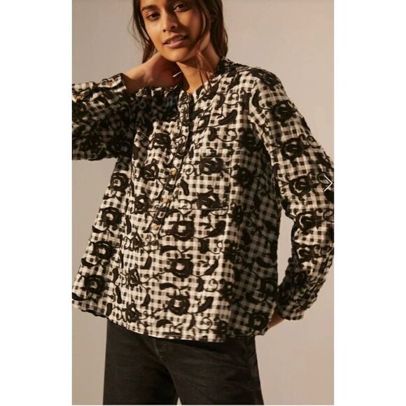 Anthropologie Pilcro The Whitney Trapeze Embroidered Buttondown Shirt Black XS - Picture 2 of 10